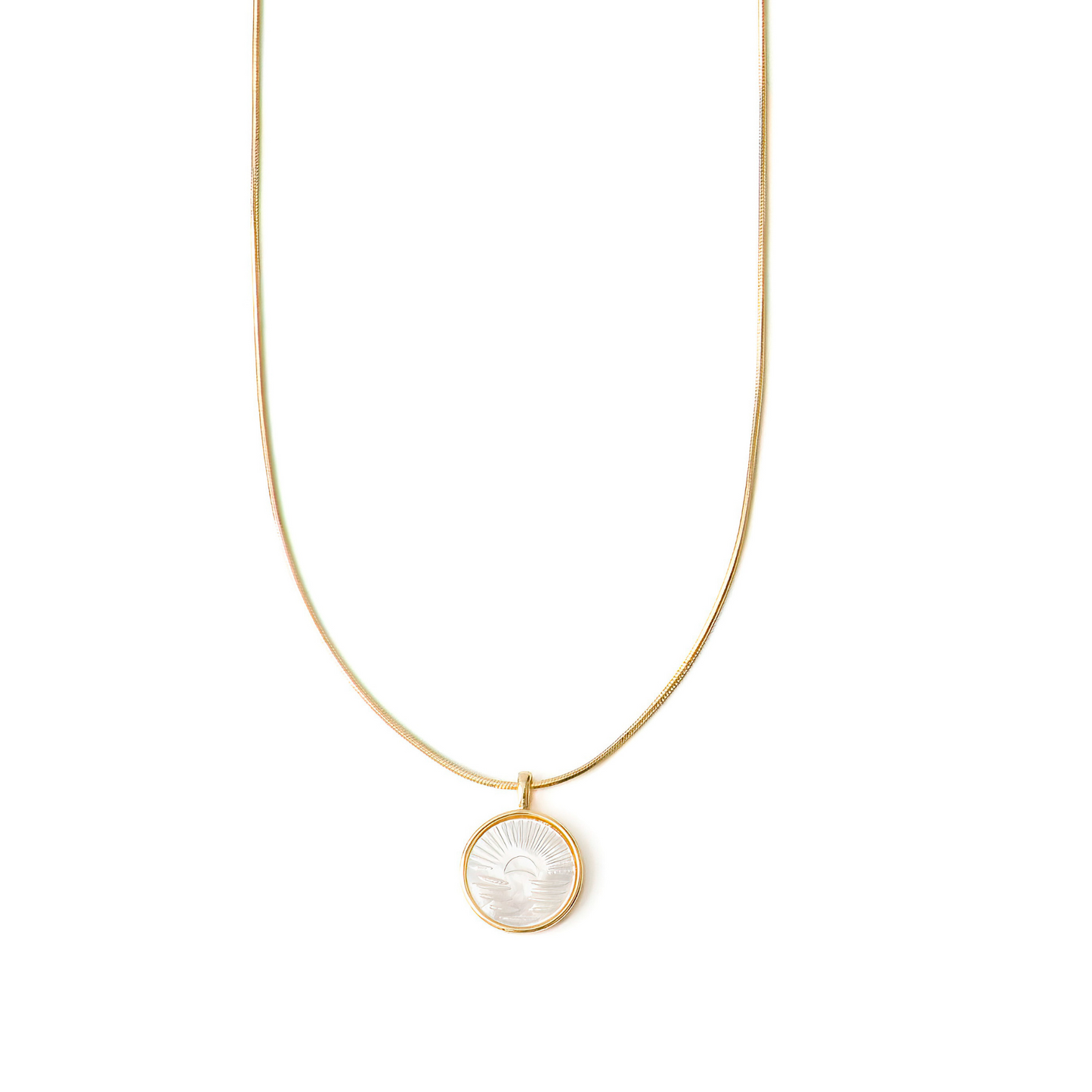 Gold filled necklace 18 inch or 20 inch round snake chain. Gold filled pearl shell sunrise coin pendant about 3/4"