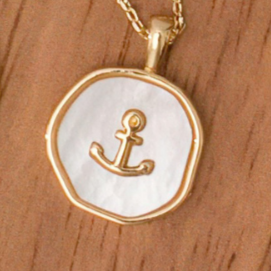 18 inch square snake style chain with Roundish gold anchor pendant with white pearl shell background with gold edge rim. Pendant is about 1/2"