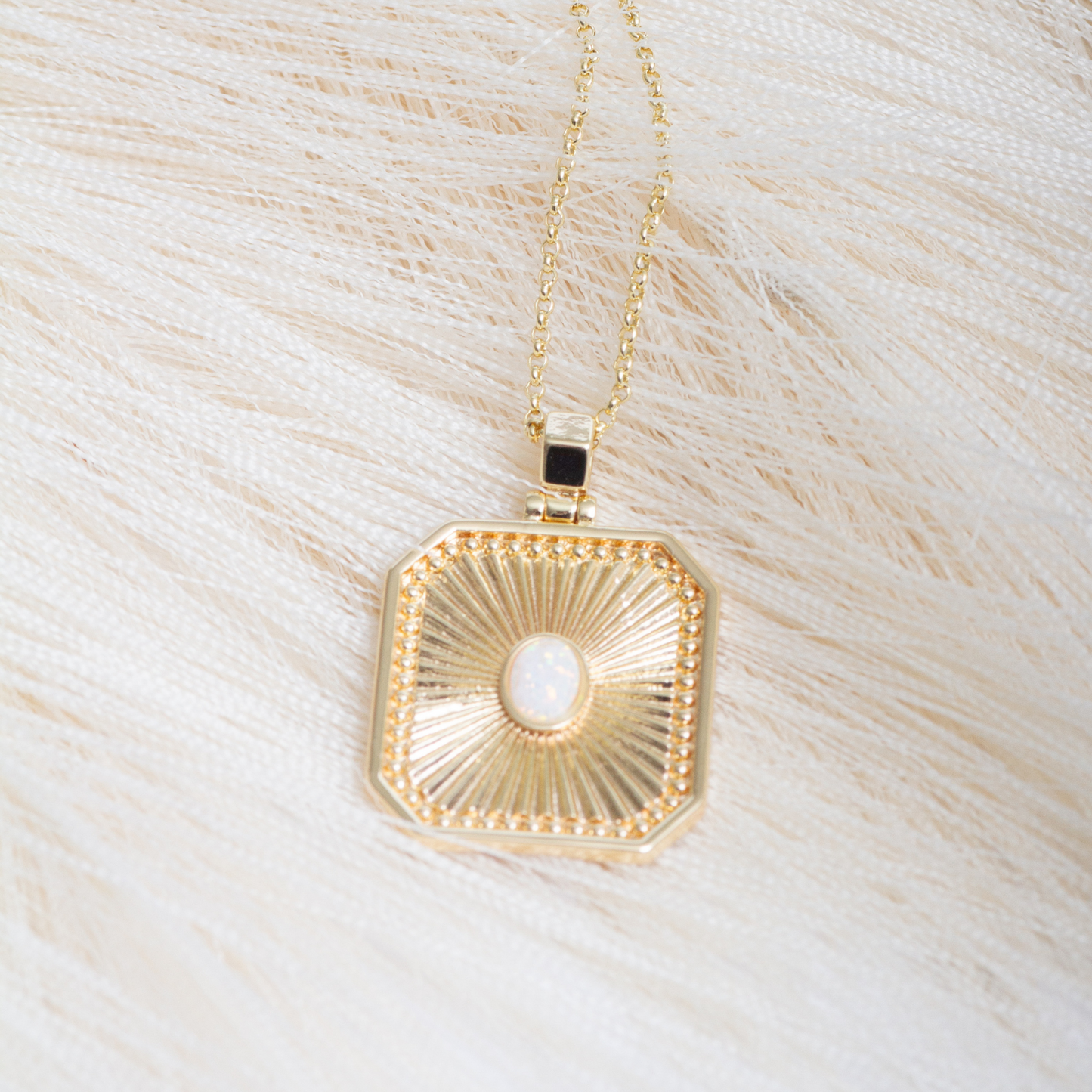 18 K Gold Filled Necklace rectangle pendant with Opal in middle.