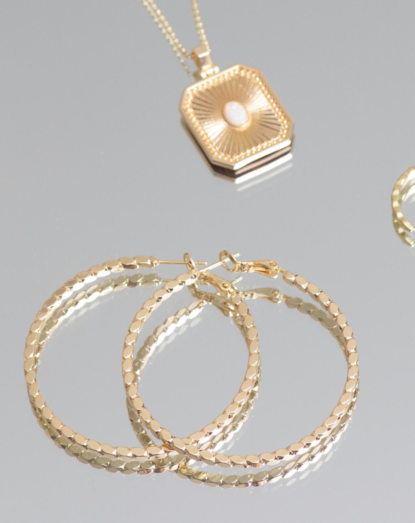 18 K Gold Filled Necklace rectangle pendant with Opal in middle. Classy elegant gold filled hoop earrings