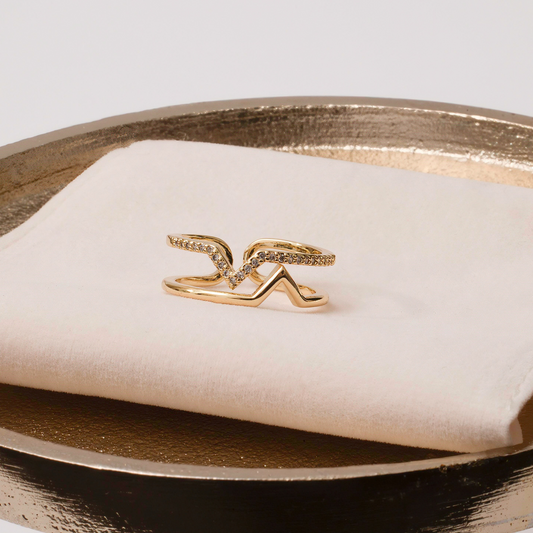 Gold Chevron ring with cubic zirconia pave set