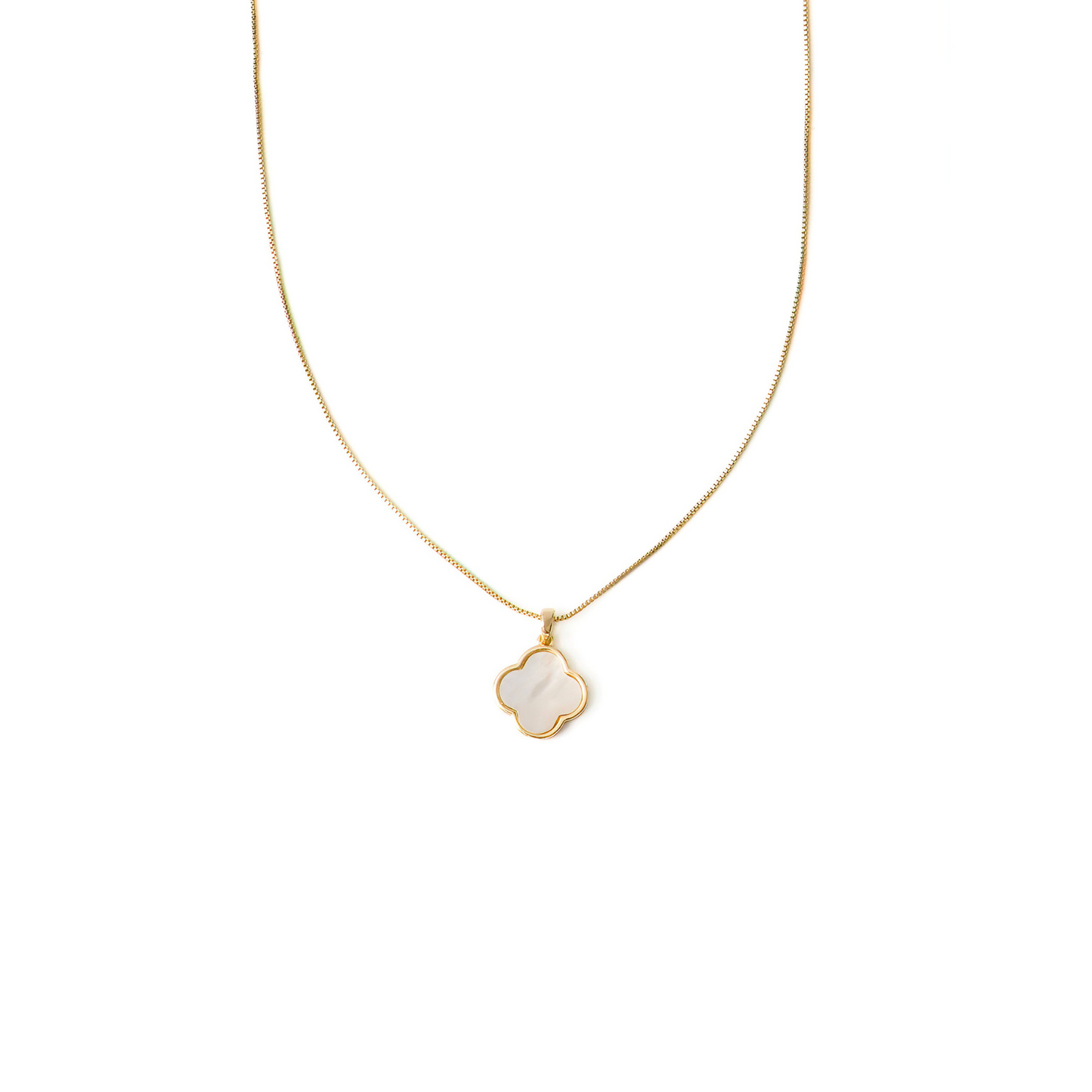 Gold filled square snake style 16" chain with a small dainty clover charm about 1/2" wide