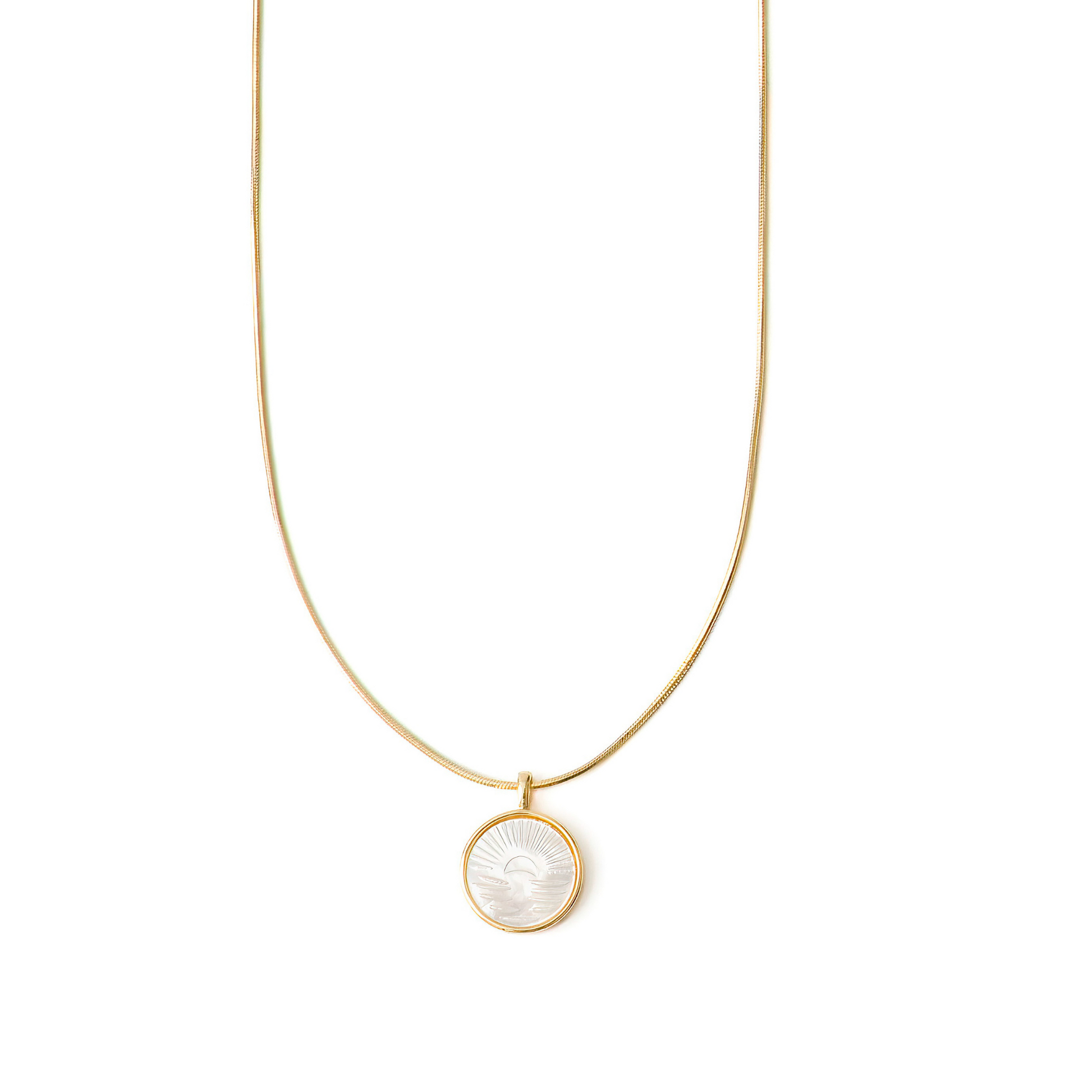 Gold filled necklace 18 inch or 20 inch round snake chain. Gold filled pearl shell sunrise coin pendant about 3/4" 