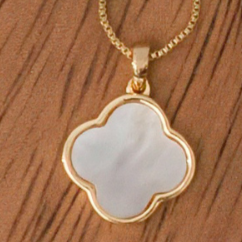 Gold filled square snake style chain with a small dainty clover charm about 1/2" wide