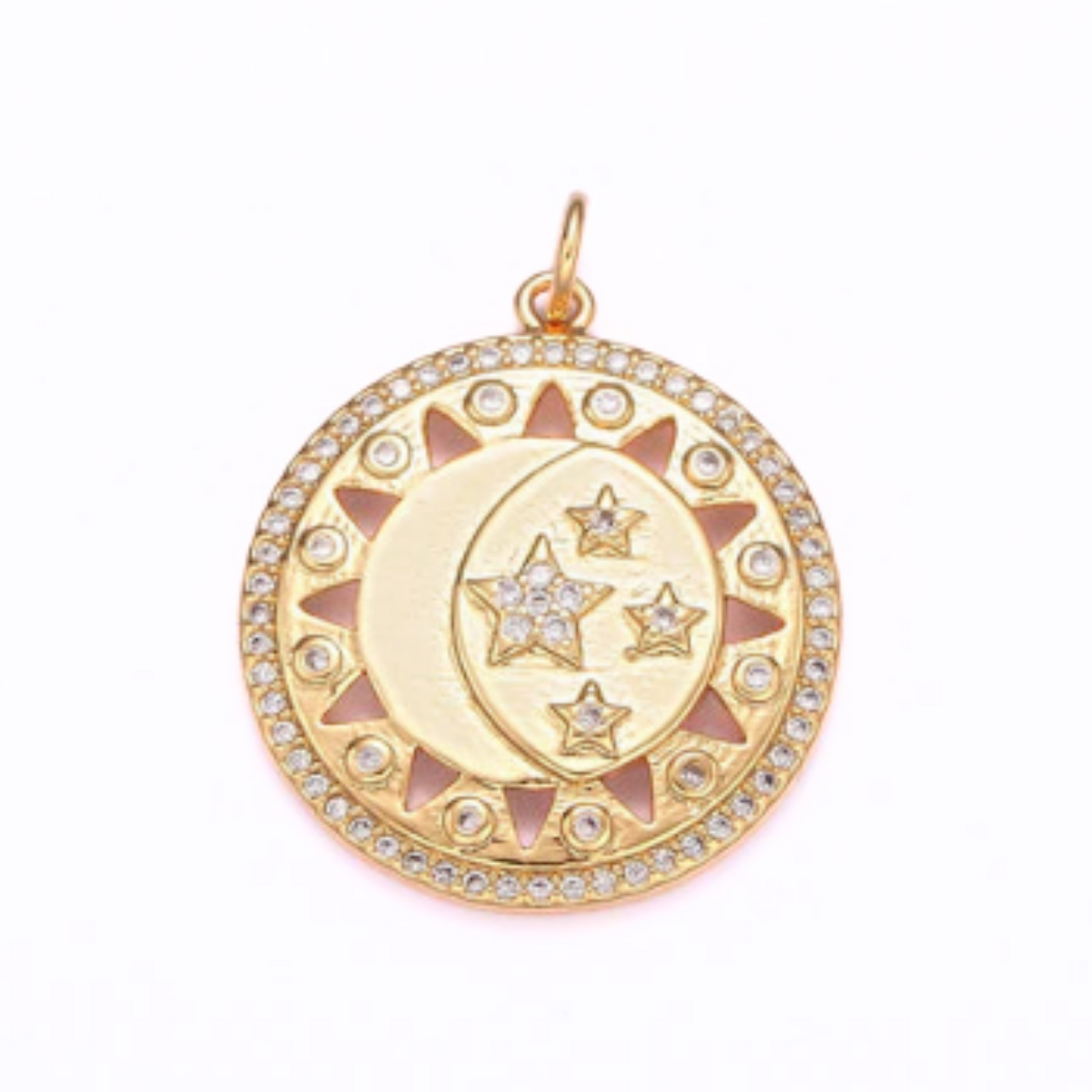 Gold pendant with sun rays, crescent moon and stars.