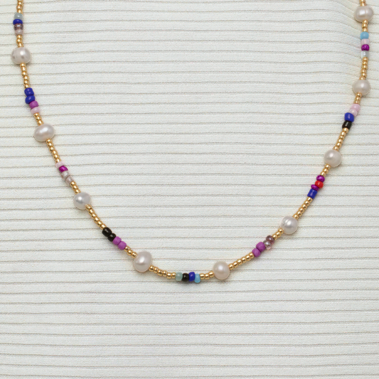 Freshwater pearl necklace with gold filled beads and color beads